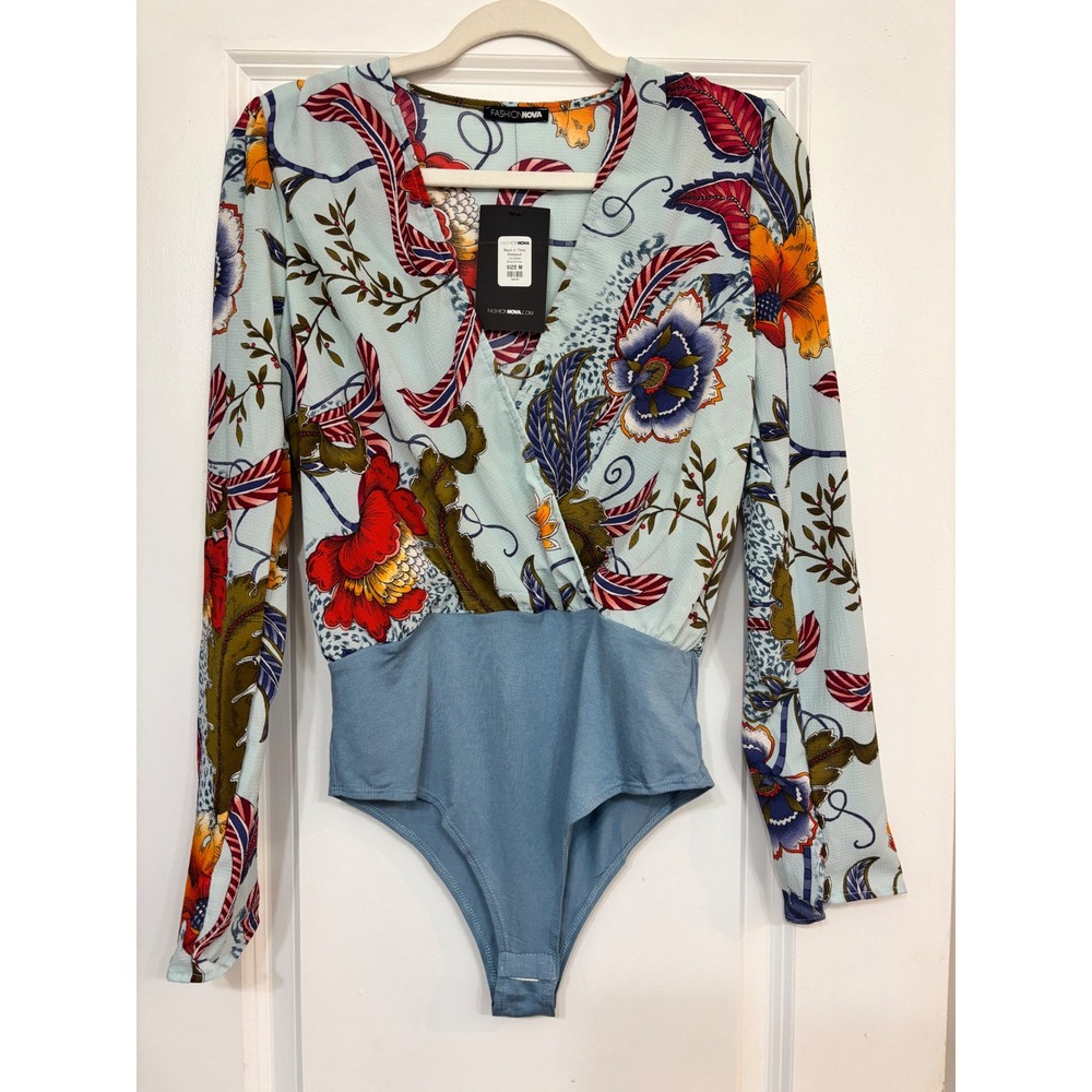 Fashion Nova Back In Time Bodysuit Blue Floral Long Sleeve Wrap M Boho NWT